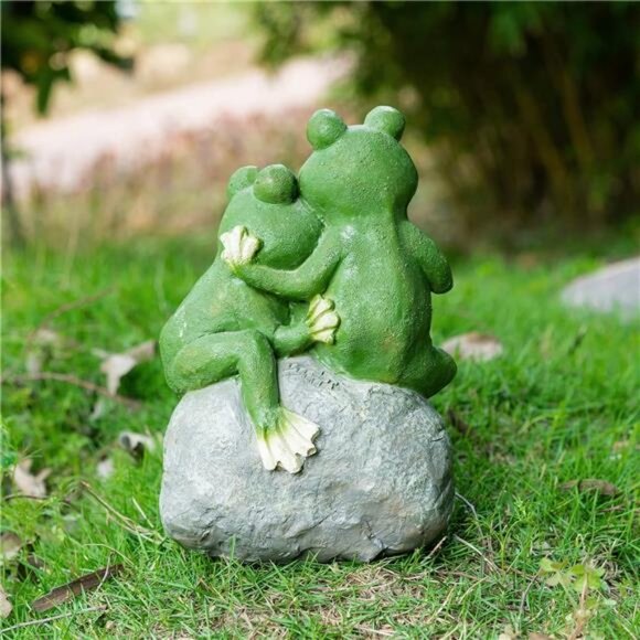 St. Patricks Day Frog Statue Garden Decor, Resin 2 Frogs on Stone Figurine - Picture 3 of 7
